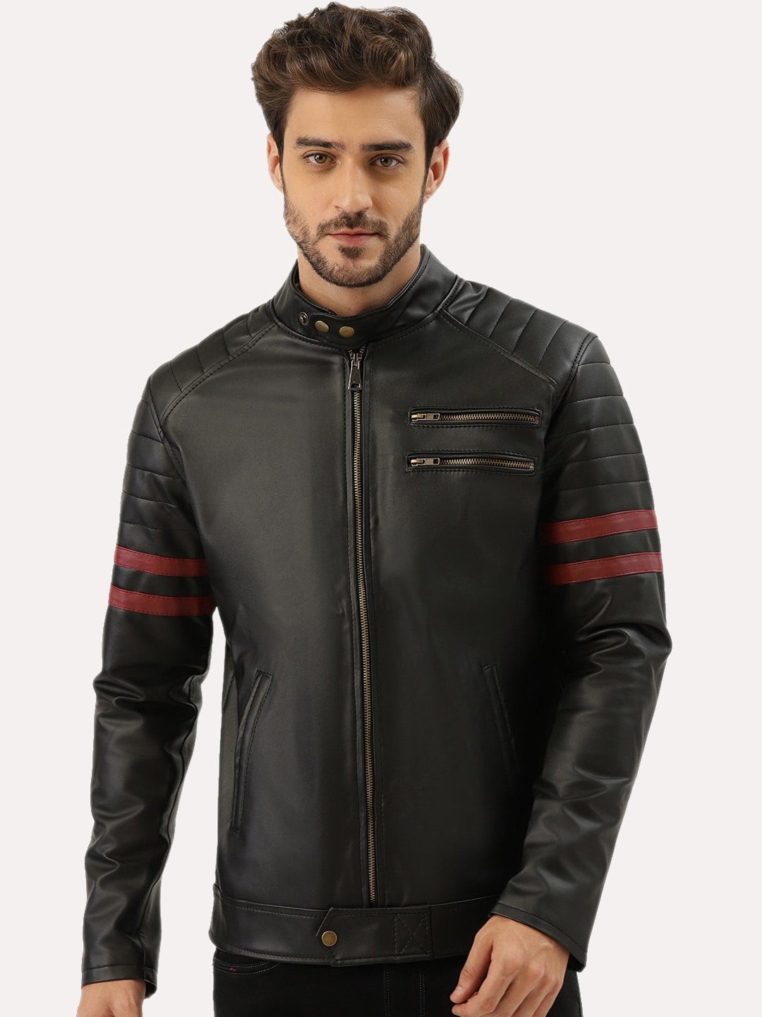 

Leather Retail Men Black Striped Outdoor Biker Jacket