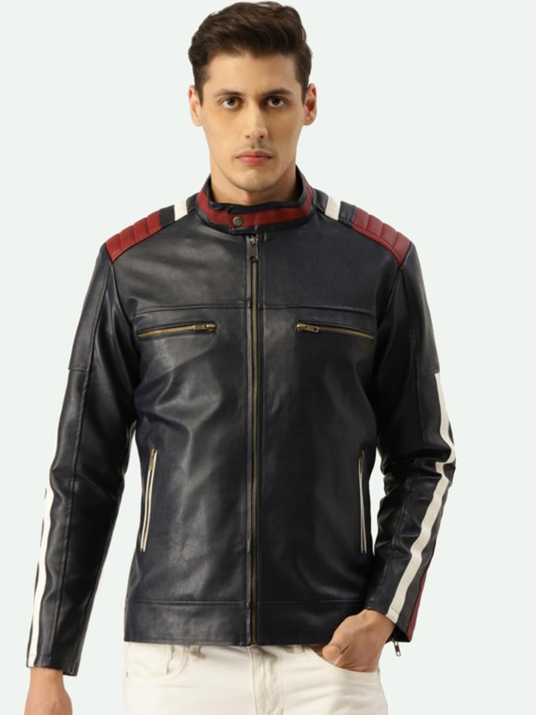 

Leather Retail Men Blue Outdoor Faux Leather Stand Collar Biker Jacket