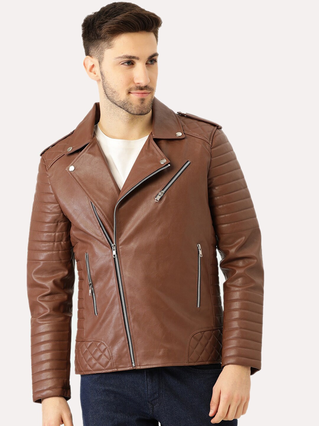 

Leather Retail Men Brown Solid Outdoor Biker Jacket