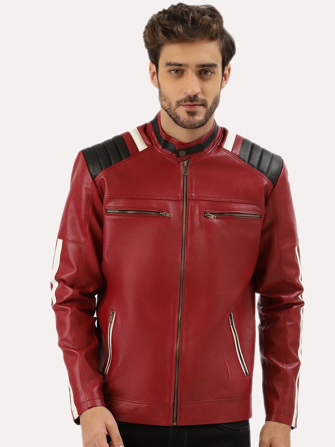 

Leather Retail Men Red Checked Outdoor Biker Jacket