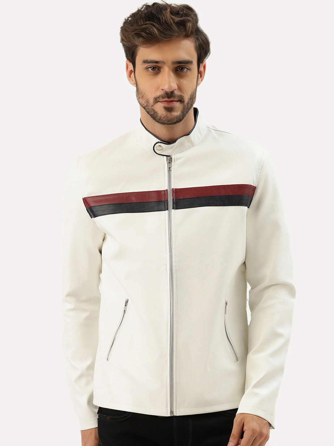 

Leather Retail Men White Red Striped Outdoor Biker Jacket