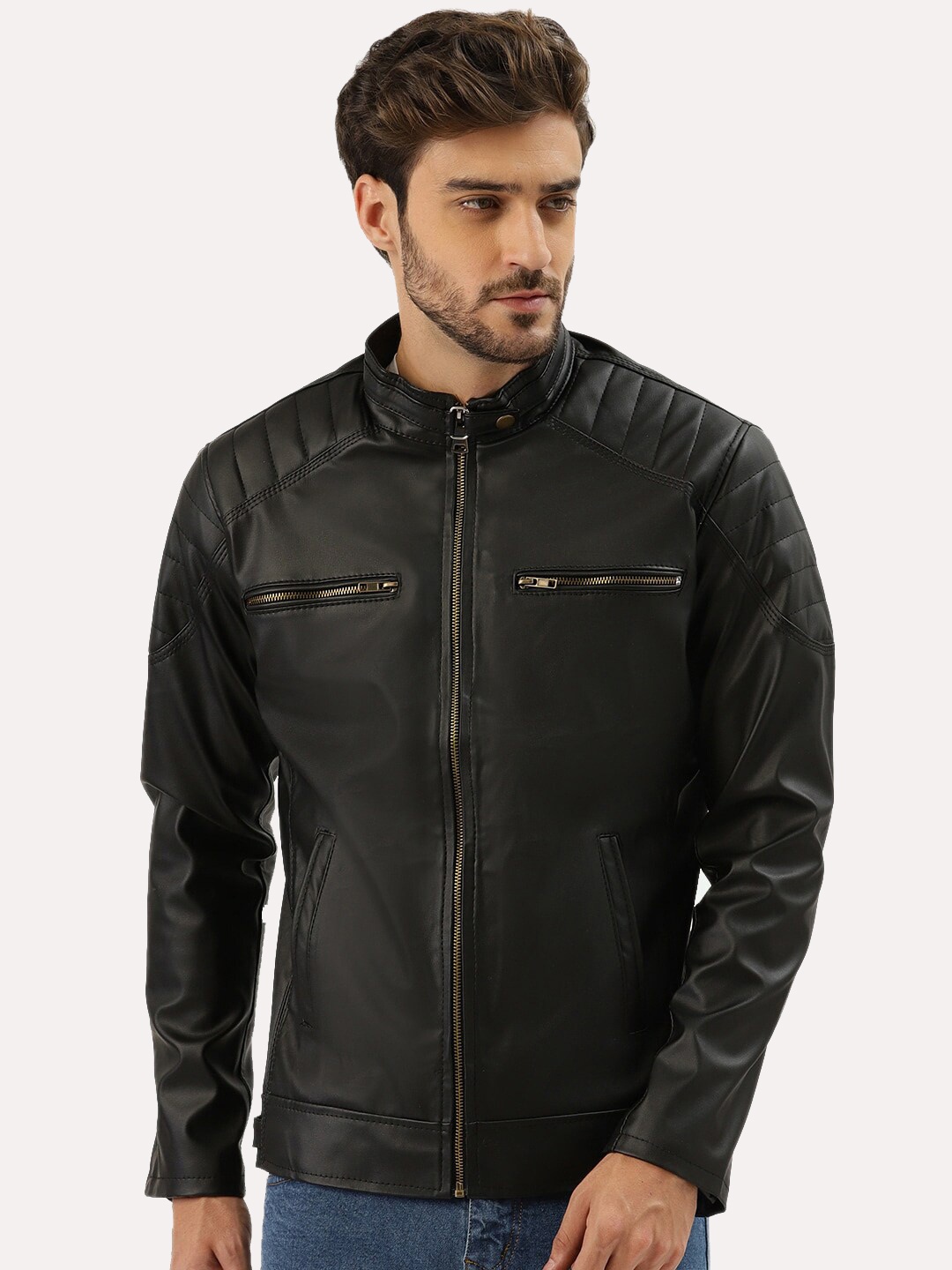 

Leather Retail Men Black Striped Outdoor Biker Jacket