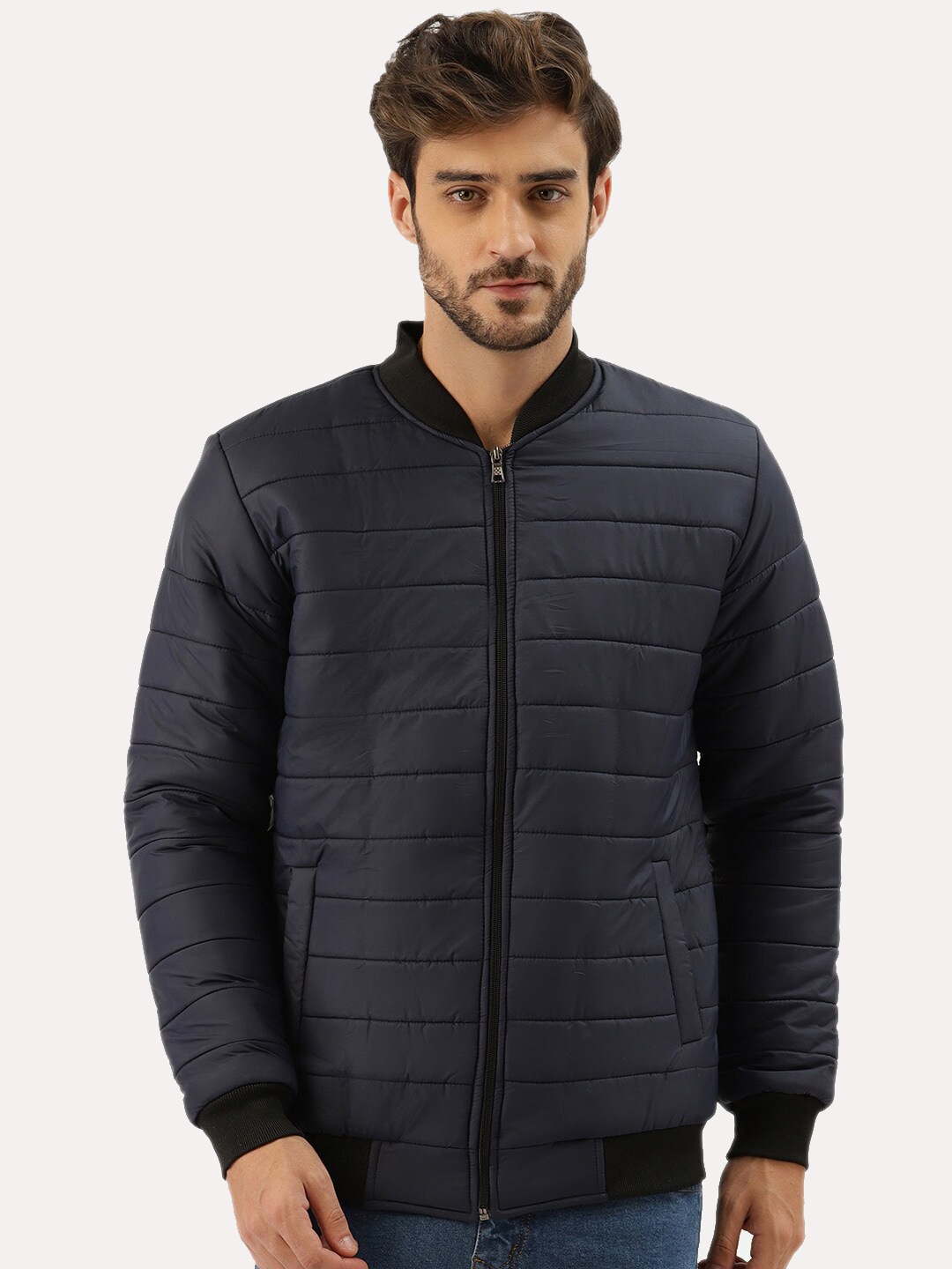 

Leather Retail Men Blue Solid Padded Jacket, Navy blue