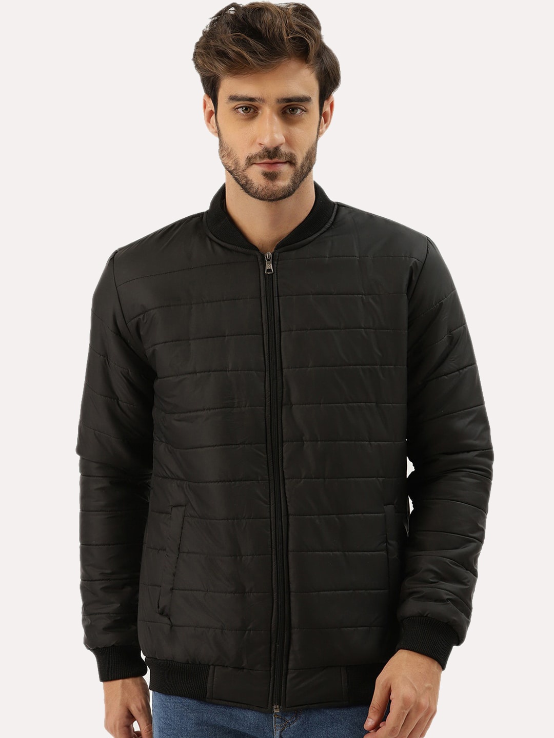 

Leather Retail Men Black Striped Lightweight Outdoor Puffer Jacket