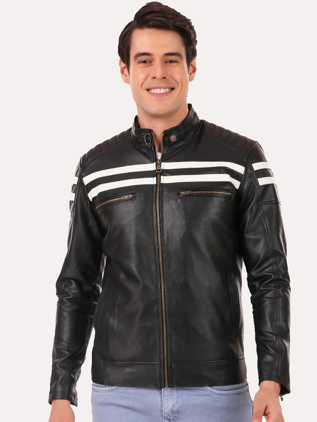 

Leather Retail Men Black White Striped Outdoor Biker Jacket with Patchwork