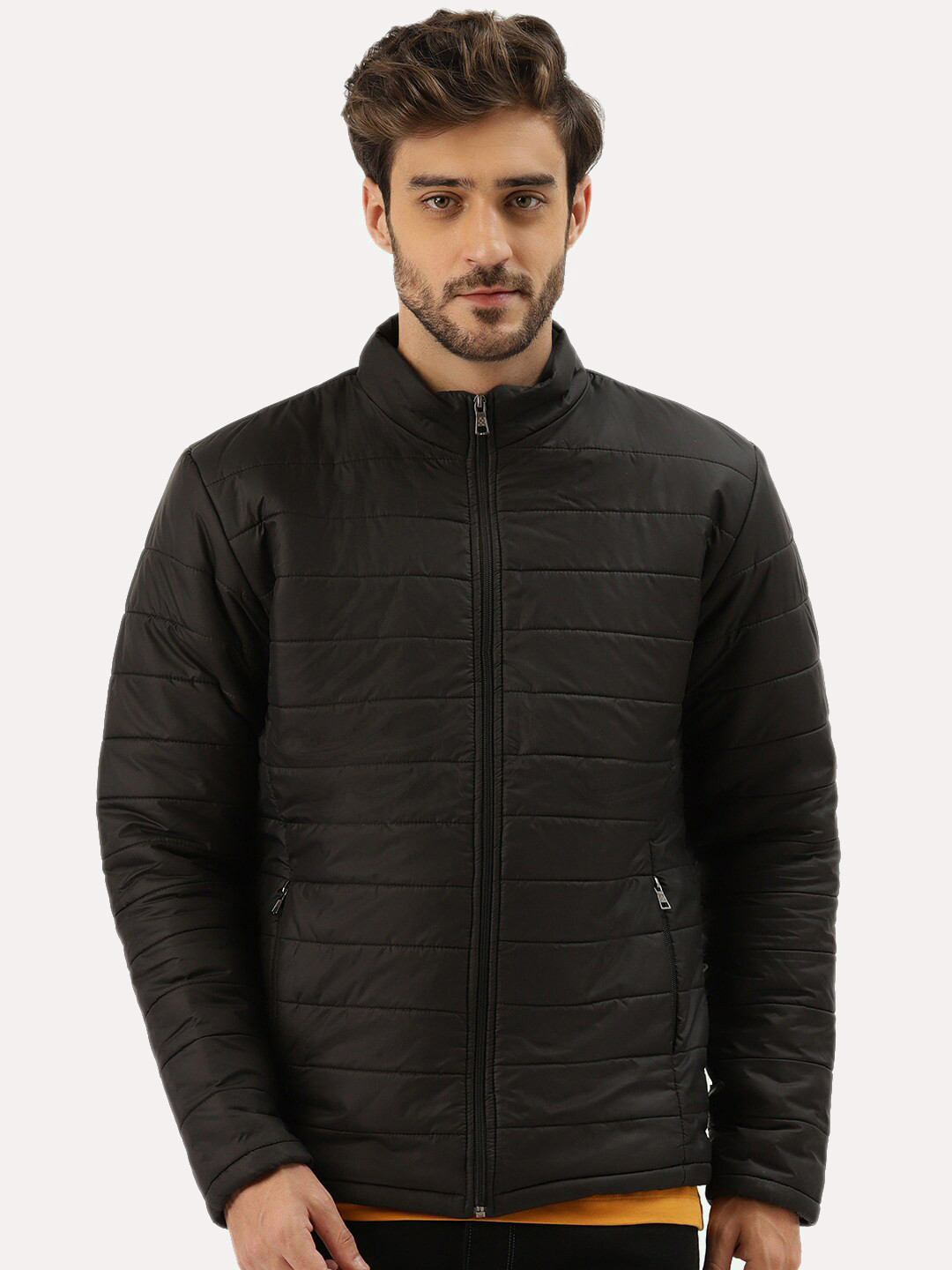 

Leather Retail Men Black Lightweight Outdoor Puffer Jacket with Patchwork