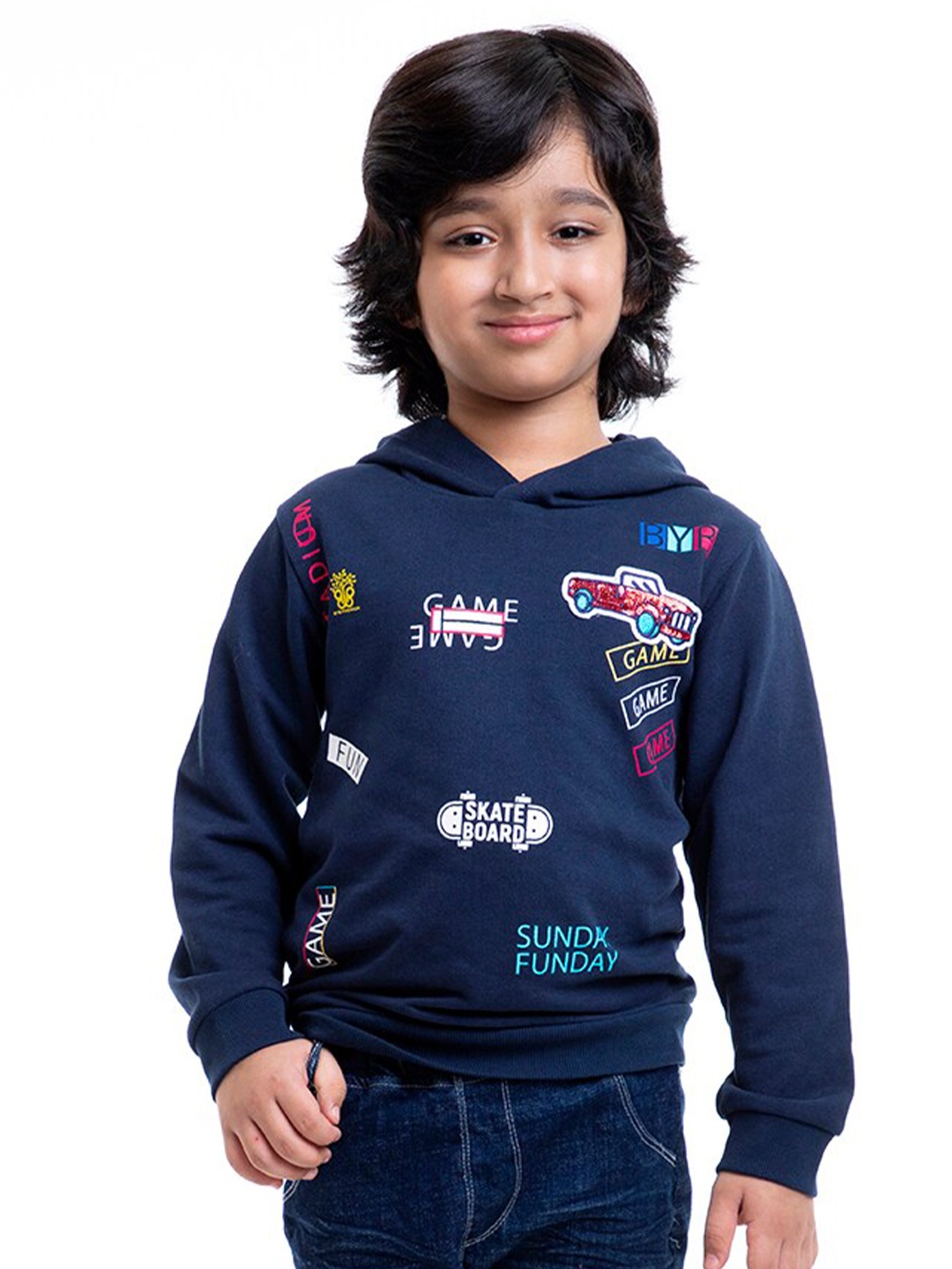 

BYB PREMIUM Boys Navy Blue Printed Hooded Sweatshirt