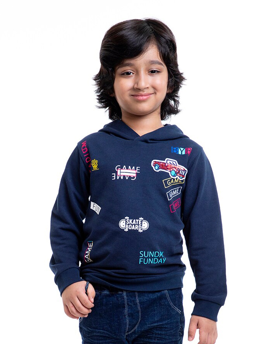 BYB PREMIUM Boys Navy Blue Printed Hooded Sweatshirt