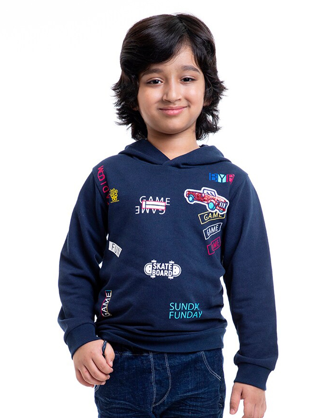 BYB PREMIUM Boys Navy Blue Printed Hooded Sweatshirt