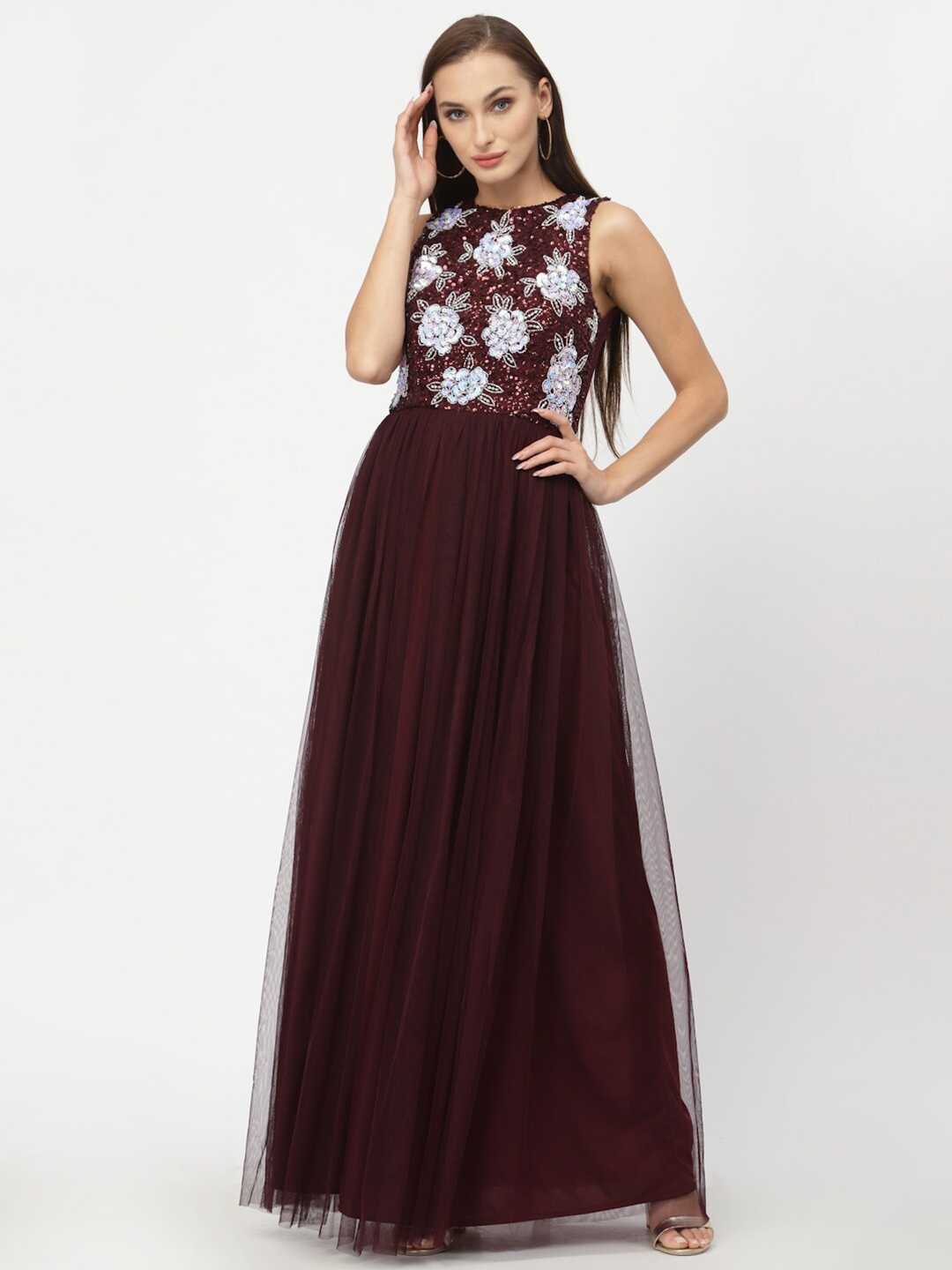 

Just Wow Burgundy & White Embellished Net Maxi Dress