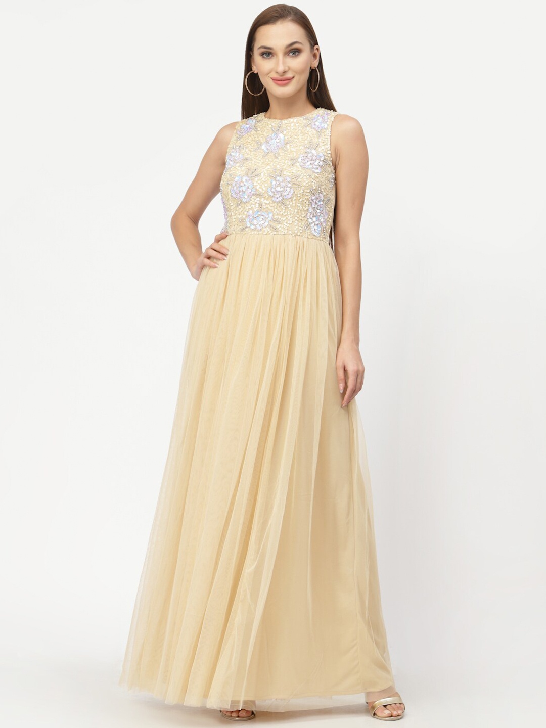 

Just Wow Cream-Coloured Floral Embroidered Net Maxi Dress