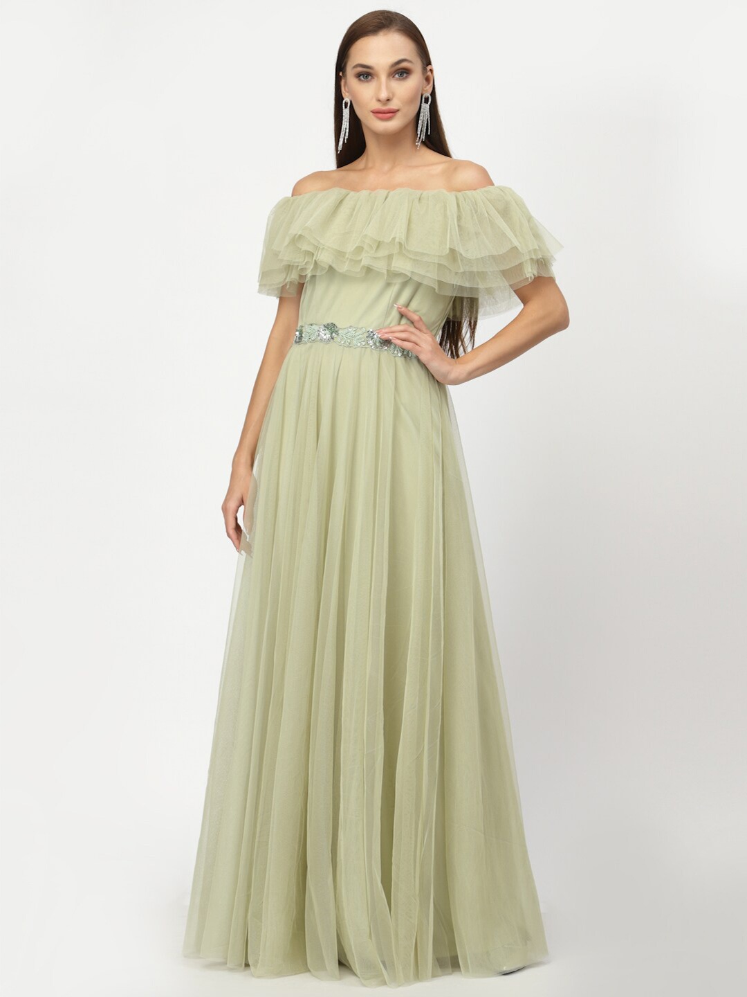 

Just Wow Women Green Solid Off-Shoulder Net Maxi Dress