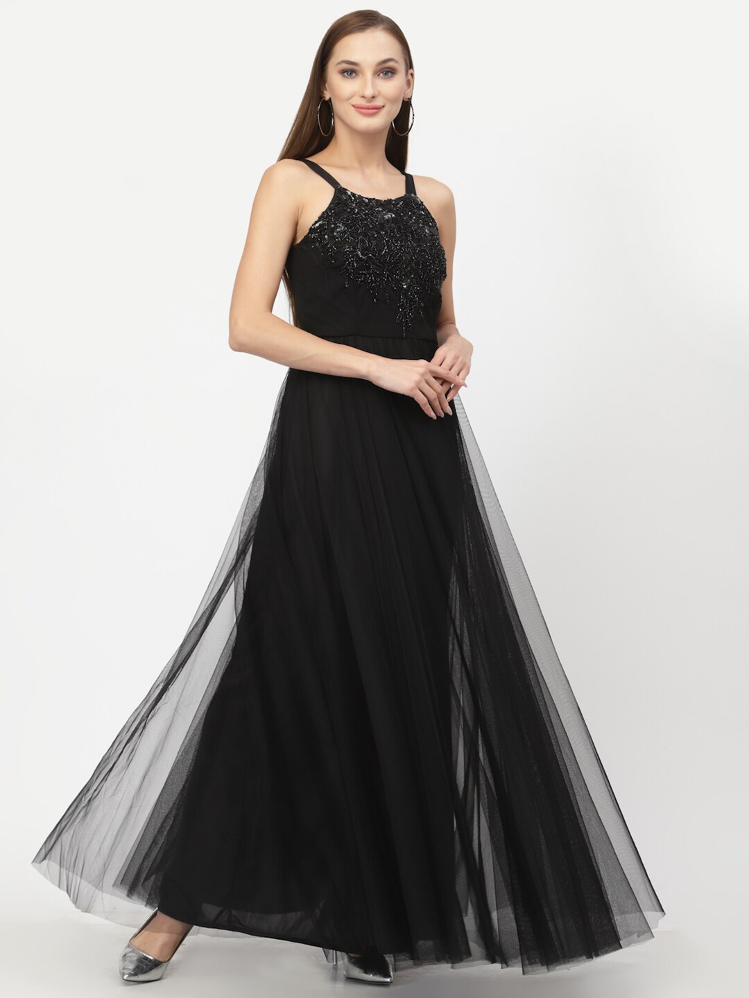 

Just Wow Women Black Embellished Net Maxi Dress