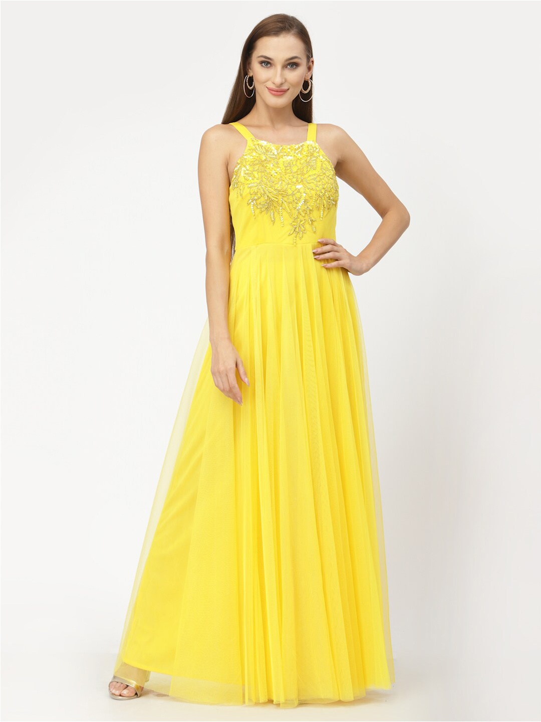 

Just Wow Yellow Shoulder Strap Embellished Yoke Net Maxi Dress