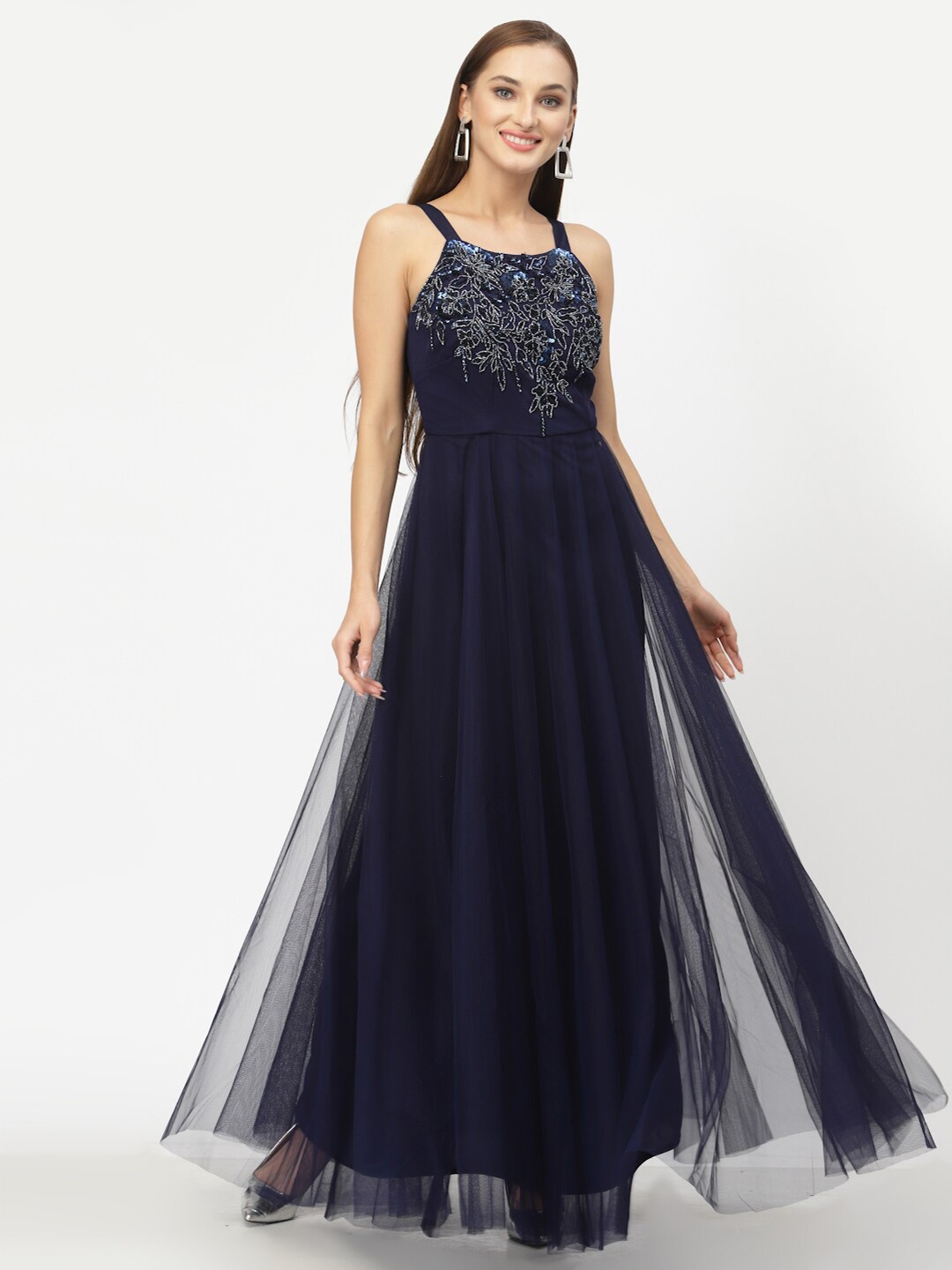 

Just Wow Navy Blue Embellished Net Maxi Dress