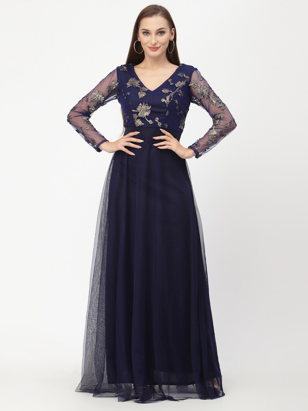 

Just Wow Wmen Navy Blue Embellished Net Maxi Dress