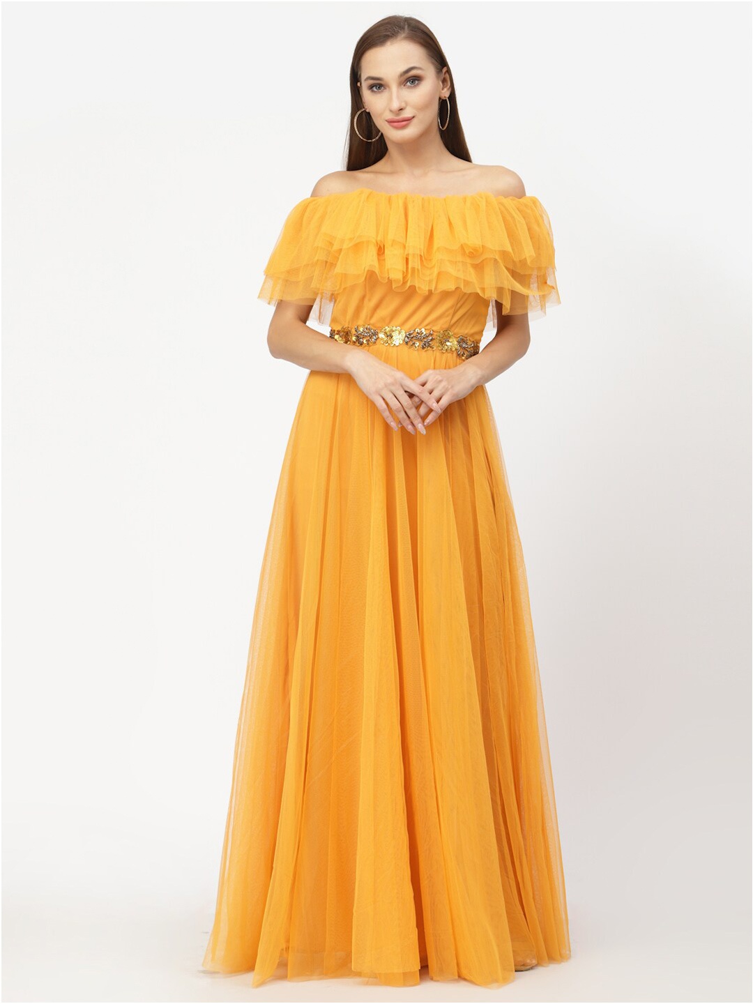 

Just Wow Women Yellow Off-Shoulder Net Maxi Dress