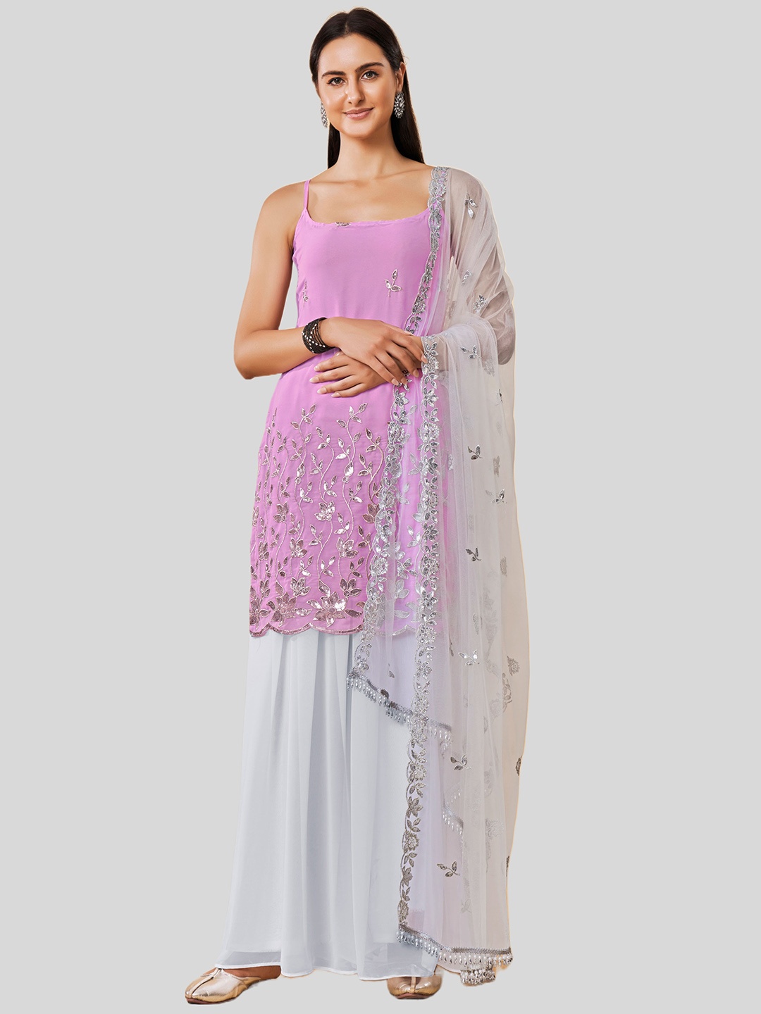 

DRESSTIVE Women Purple Shoulder Strap Embellished Kurti With Palazzo And Dupatta