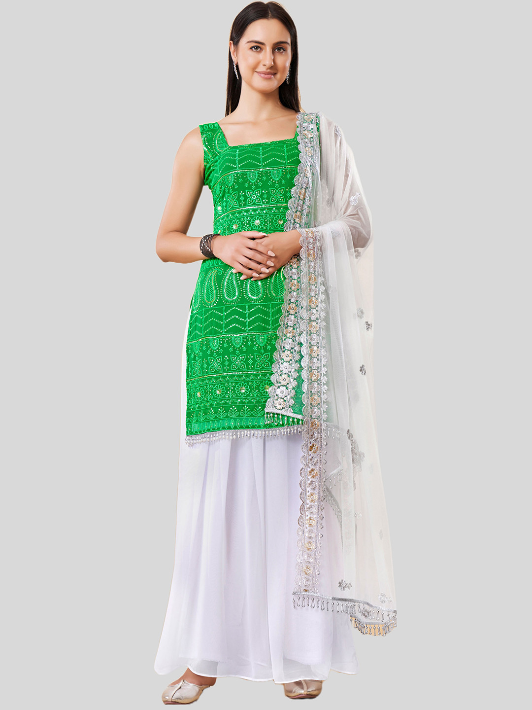

DRESSTIVE Women Green Ethnic Motifs Embroidered Kurta with Palazzos & Dupatta