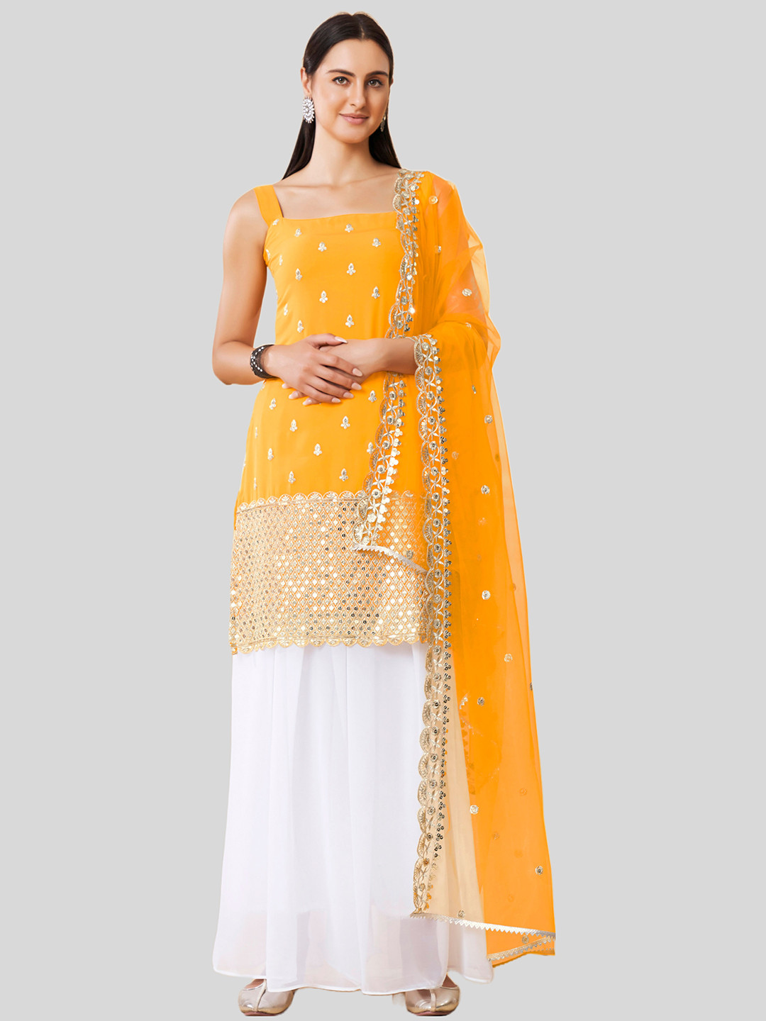 

DRESSTIVE Women Mustard Yellow Floral Embroidered Kurta with Sharara & With Dupatta
