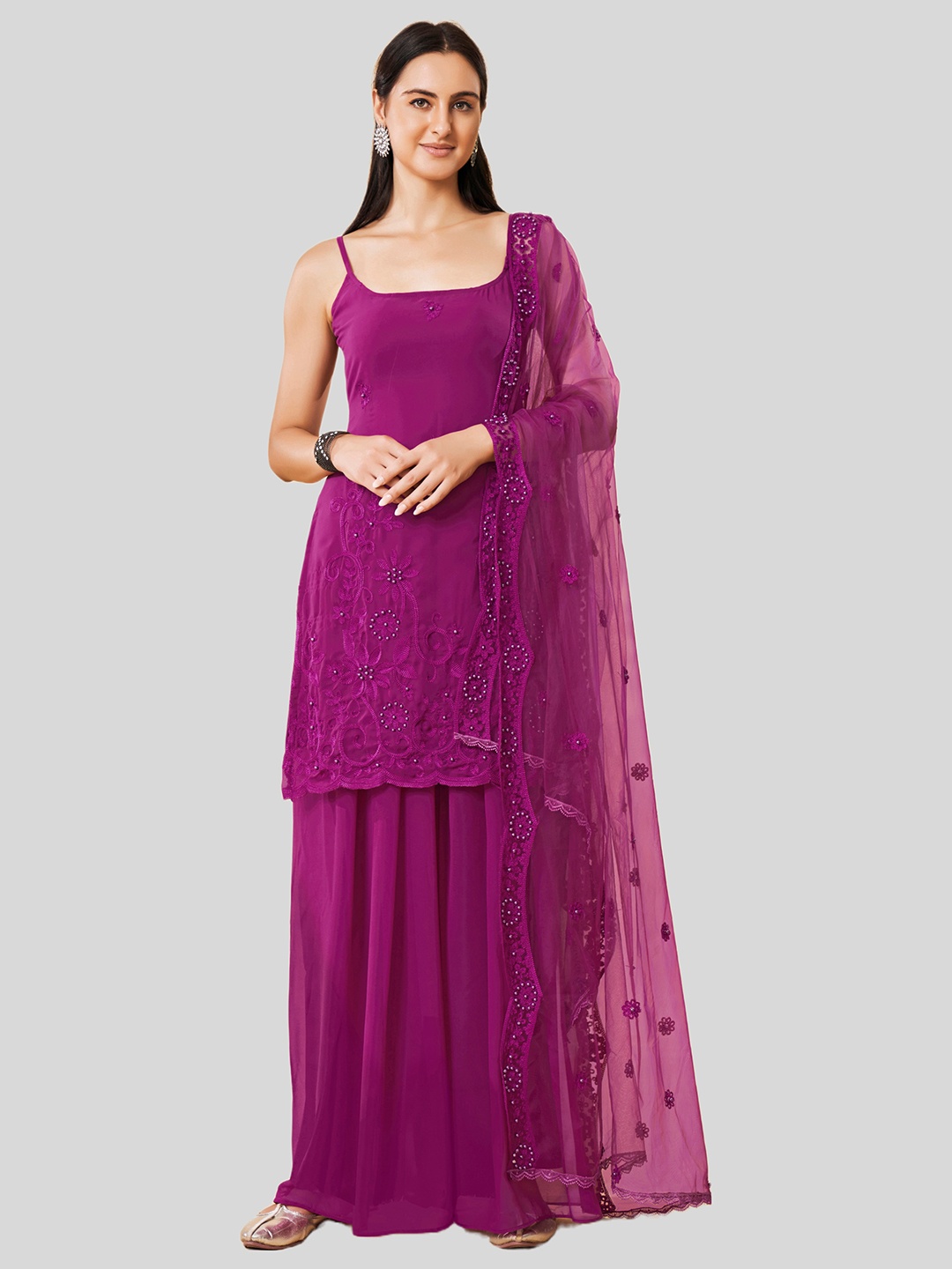 

DRESSTIVE Women Burgundy Ethnic Motifs Embroidered Thread Work Kurta with Palazzos & With Dupatta