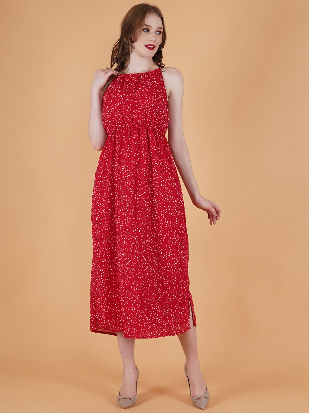 

DESI WOMANIYA Women Red Printed Georgette Fit & Flare Midi Dress