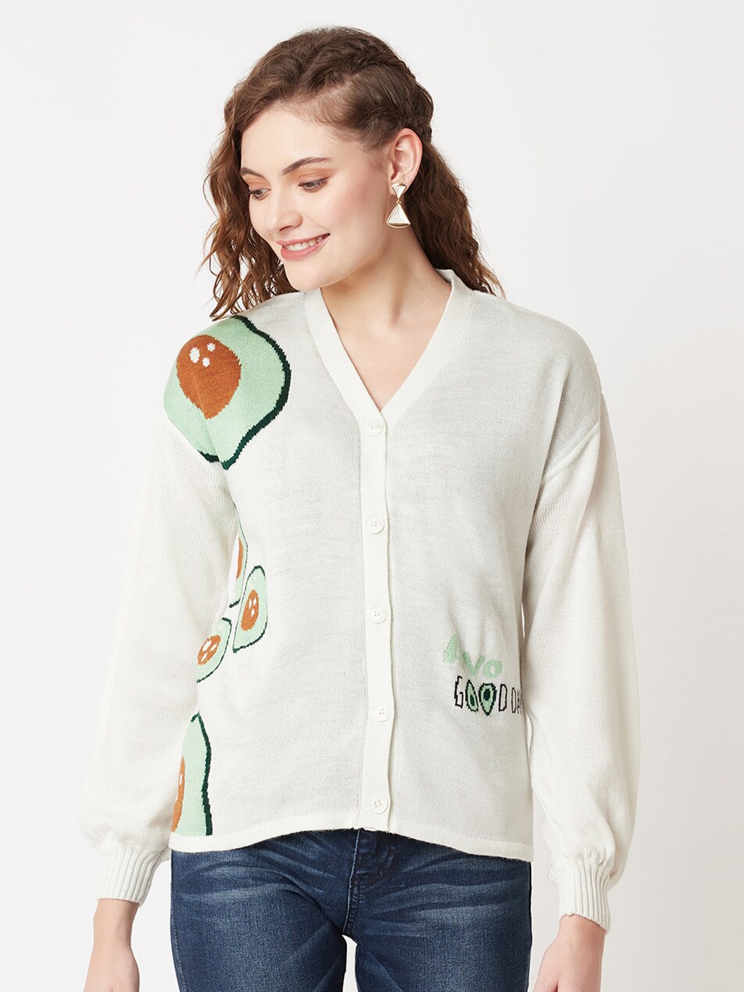 

Miramor Women White & Green Printed Cardigan