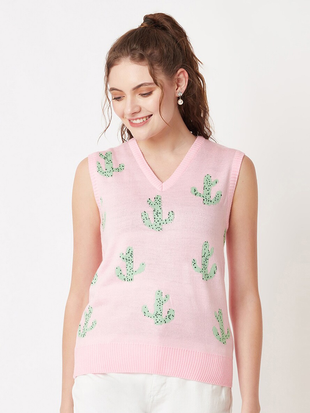 

Miramor Women Pink & Green Printed Sweater Vest