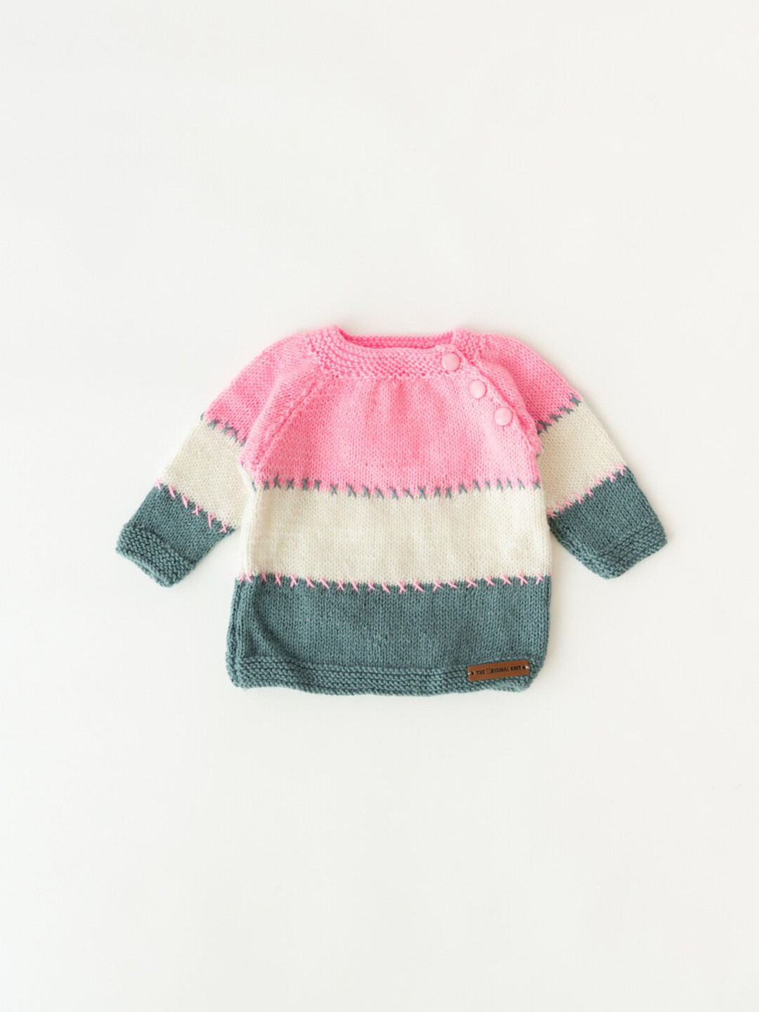 

The Original Knit Unisex Kids Pink & Off White Colourblocked Embroidered Pullover Sweater