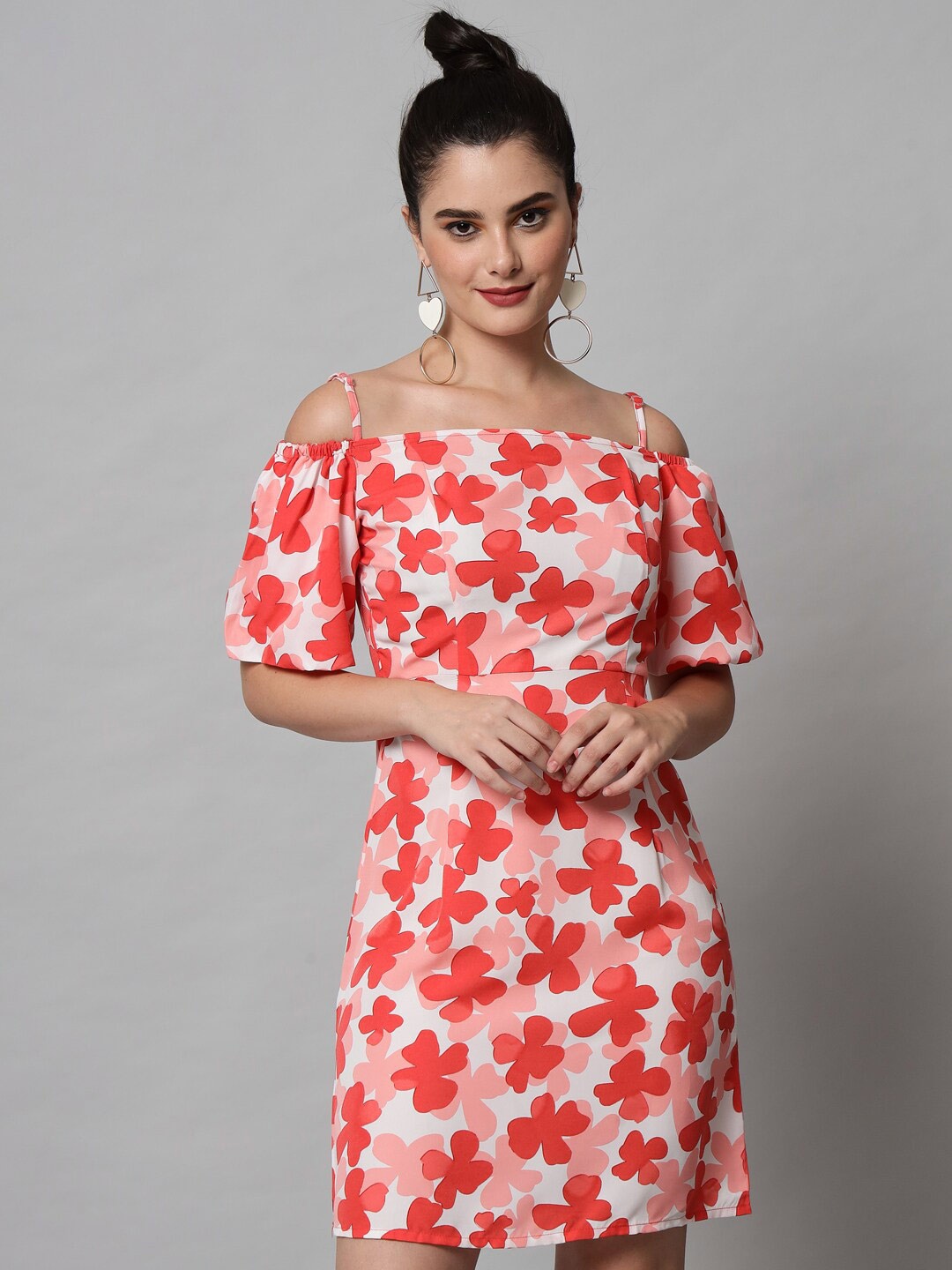 

emeros Women White & Red Floral Off-Shoulder Crepe Sheath Dress
