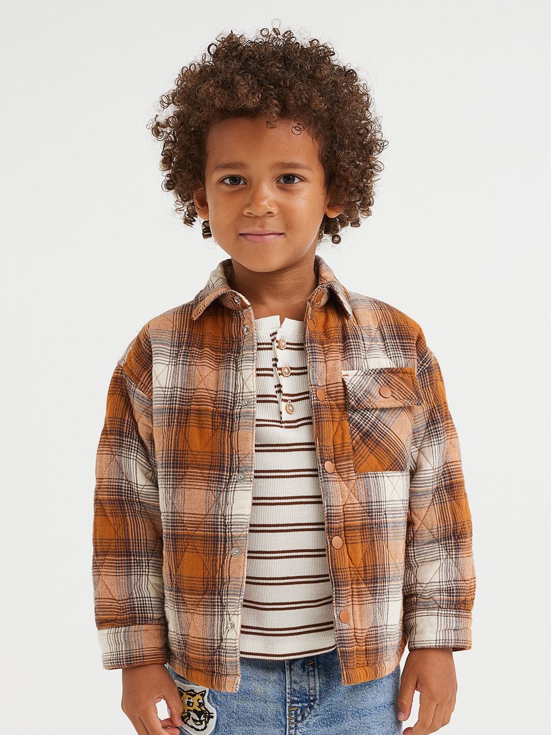 

H&M Boys Brown & Off-White Checked Quilted Twill Casual Shacket