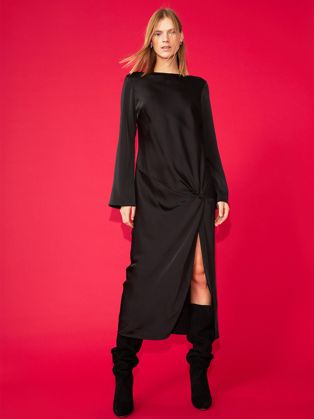 

H&M Women Black Knot-Detail satin Slit Dress