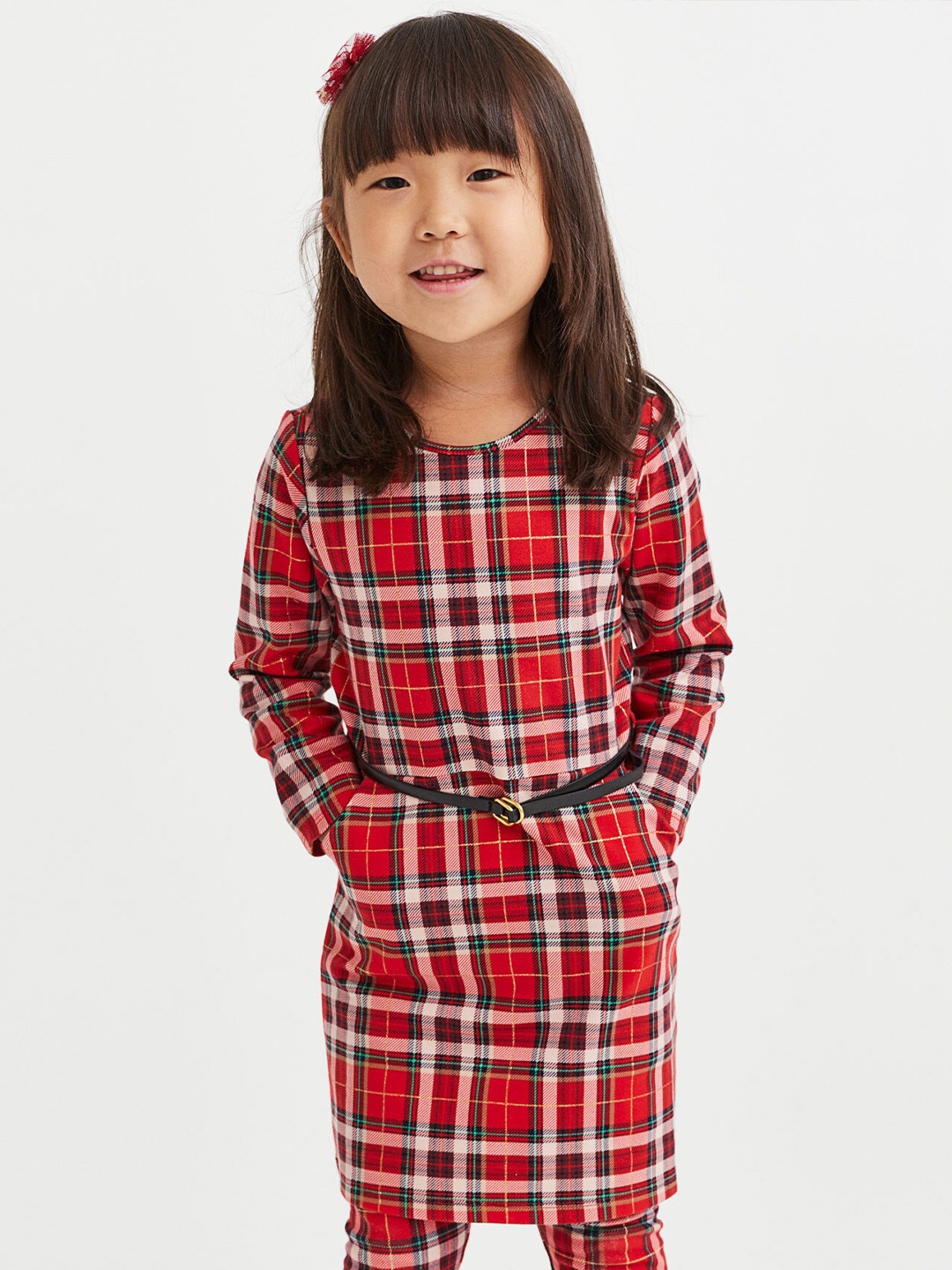 

H&M Girls Checked Belted Jersey Dress, Red