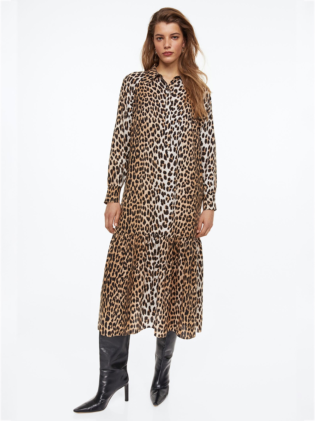 

H&M Women Brown & Black Animal Print Patterned Shirt Dress