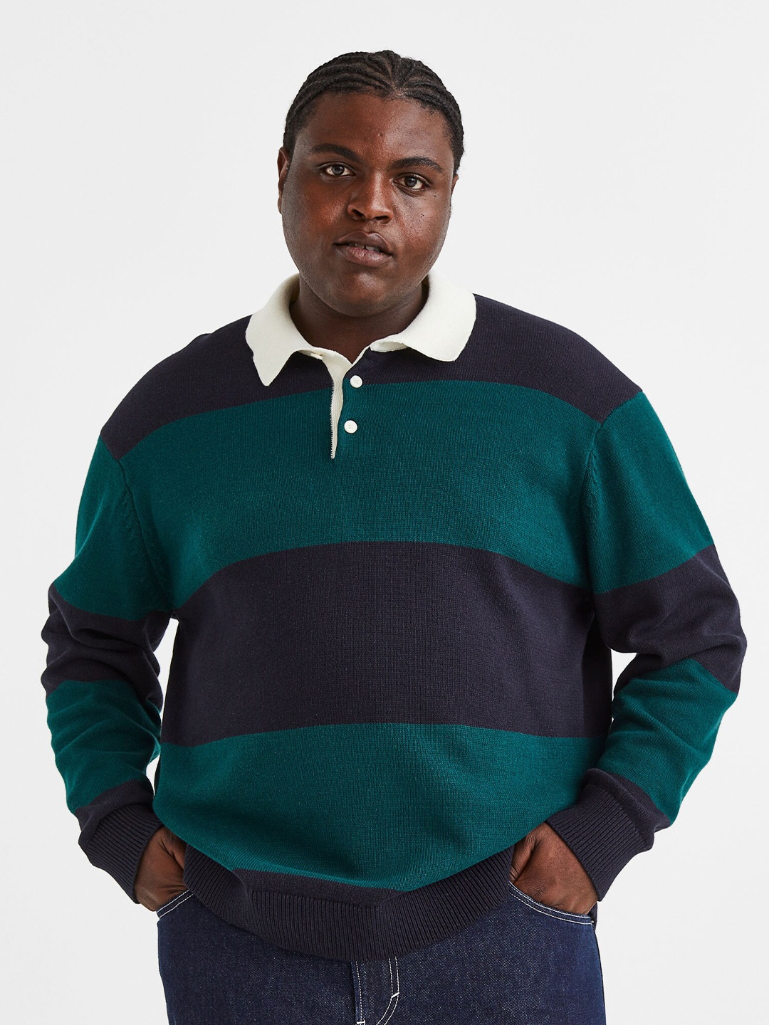 

H&M Men Green & Navy Blue Striped Cotton Relaxed Fit Polo T-shirt