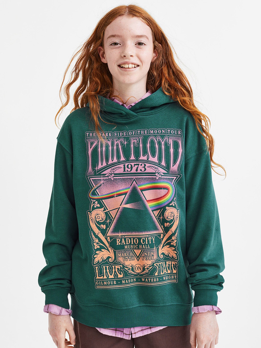 

H&M Girls Green Oversized Printed Hoodie