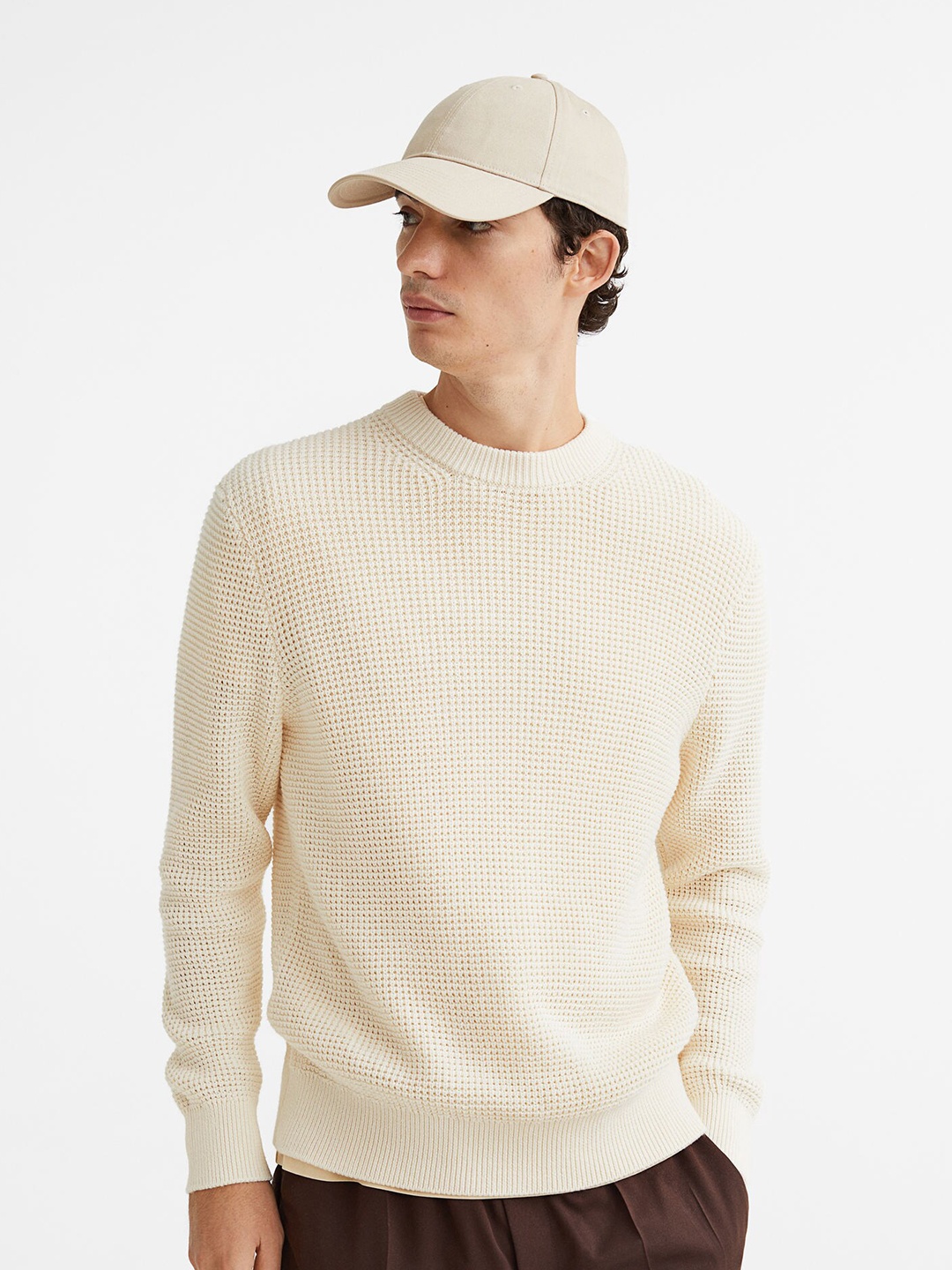 

H&M Men White Regular Fit Waffle-Knit Jumper