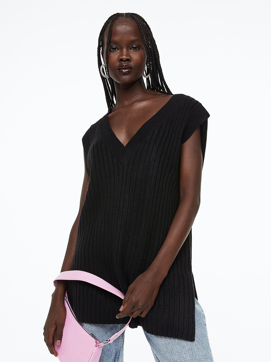 

H&M Women Oversized rib-knit sweater vest, Black