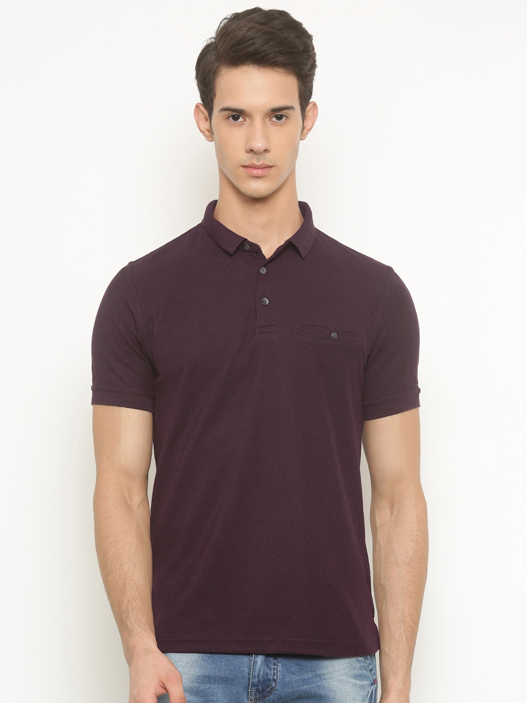 

Peter England Men Burgundy Solid Polo Collar T-shirt
