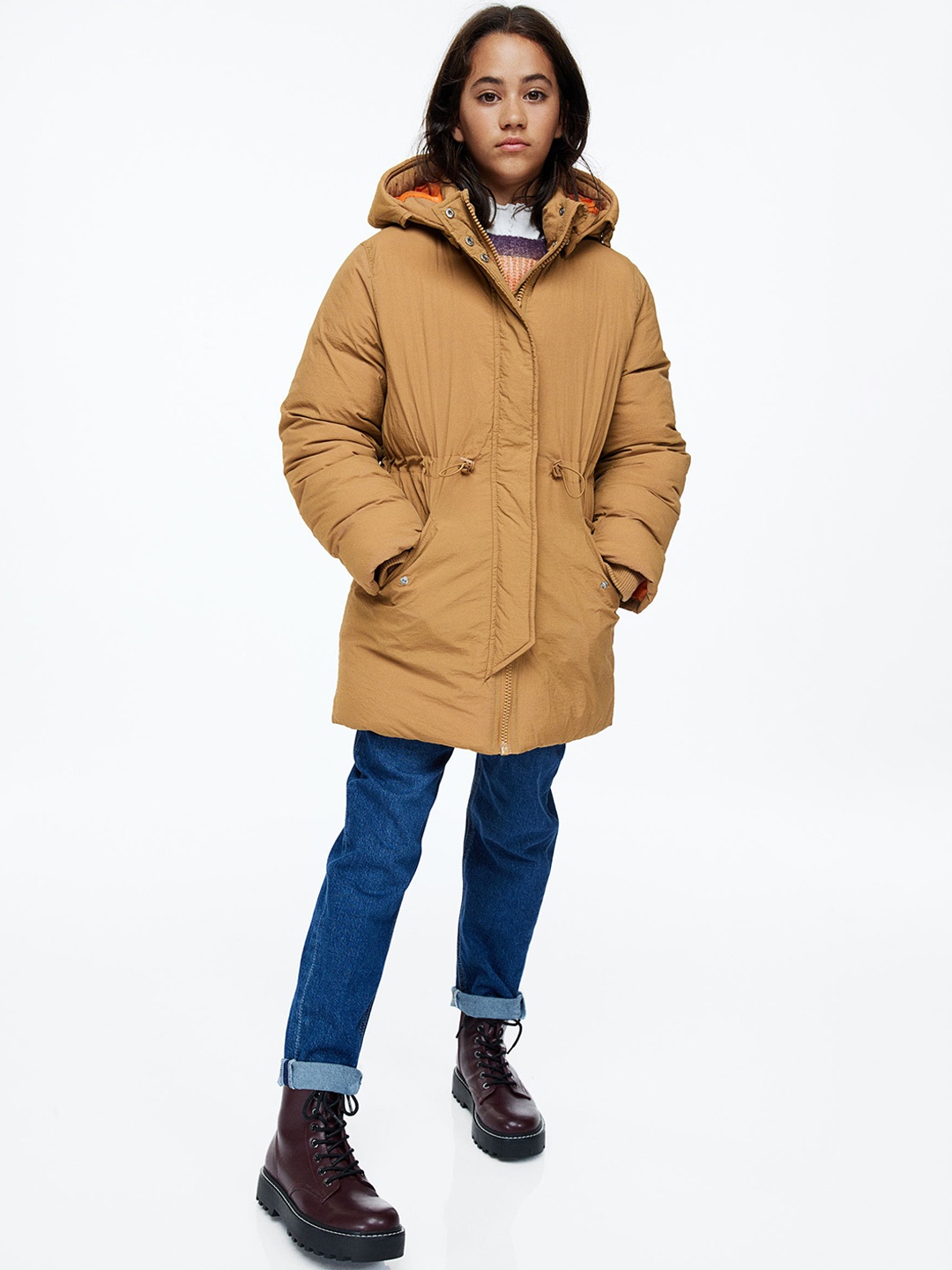 

H&M Girls Beige Longline Puffer Jacket, Mustard