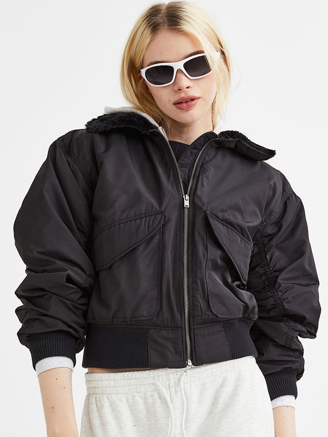 

H&M Women Black Solid Crop Bomber Jacket