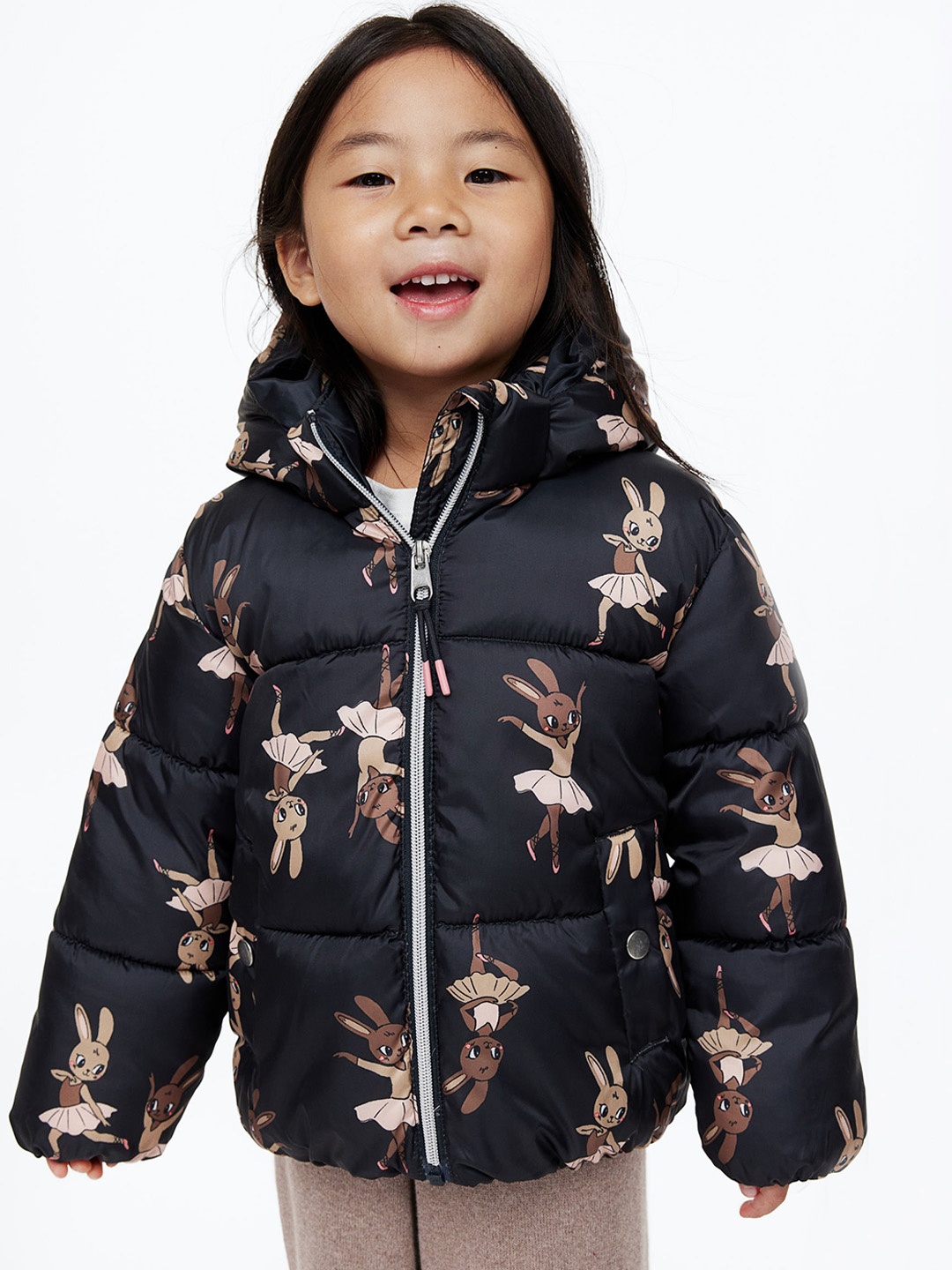 

H&M Girls Black Printed Padded Hooded Jacket