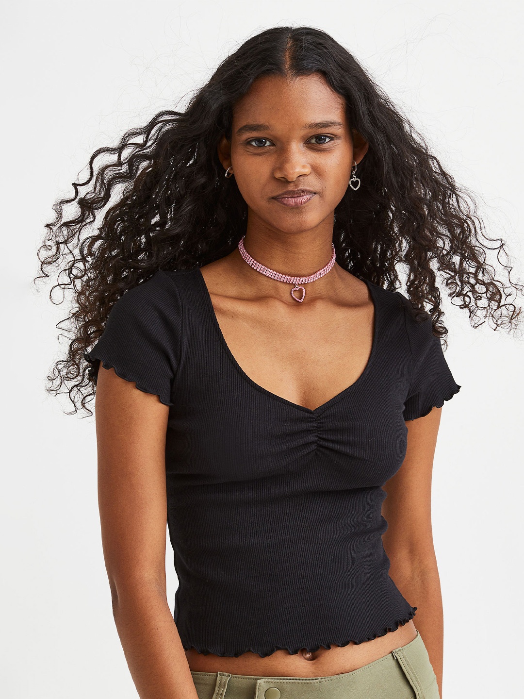 

H&M Women Solid Knitted Crop Top, Black