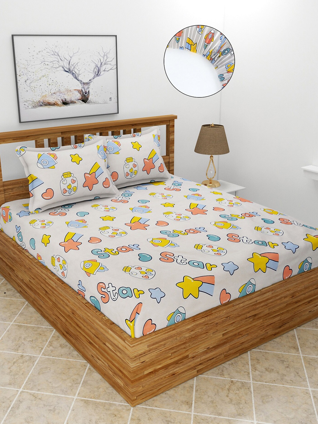 

MORADO White & Blue Graphic 210 TC Queen Fitted Bedsheet with 2 Pillow Covers