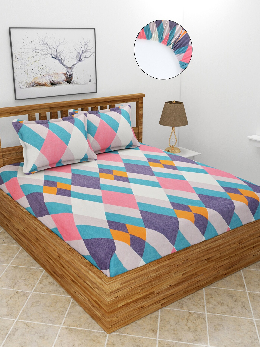 

MORADO White & Blue Geometric 210 TC Fitted Queen Bedsheet with 2 Pillow Covers