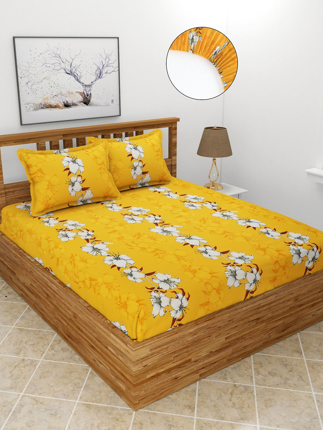 

MORADO Mustard & White Floral 210 TC Queen Fitted Bedsheet with 2 Pillow Covers