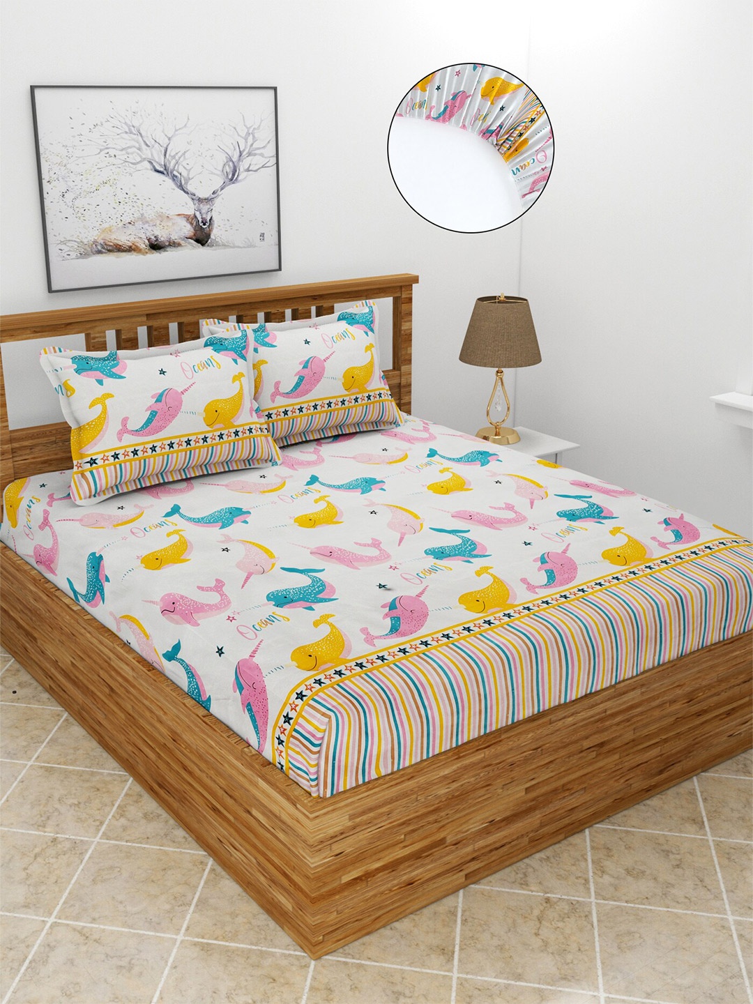 

MORADO White & Yellow Graphic 210 TC Queen Bedsheet with 2 Pillow Covers