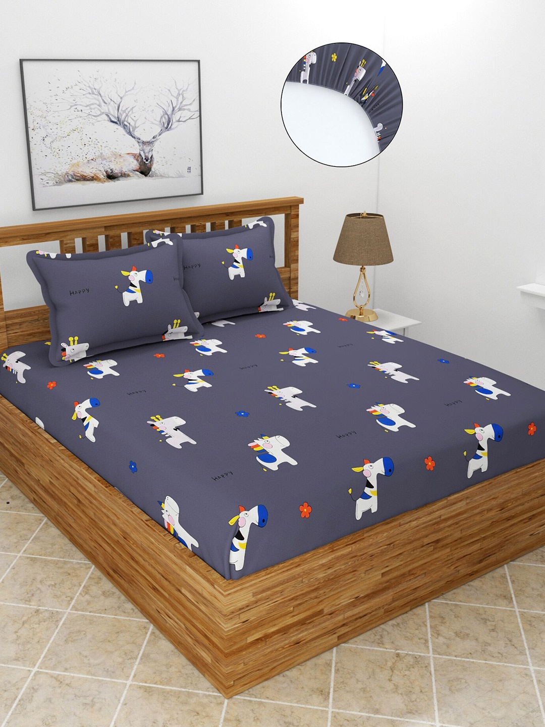 

MORADO Grey & White Graphic 180 TC Fitted Queen Bedsheet with 2 Pillow Covers