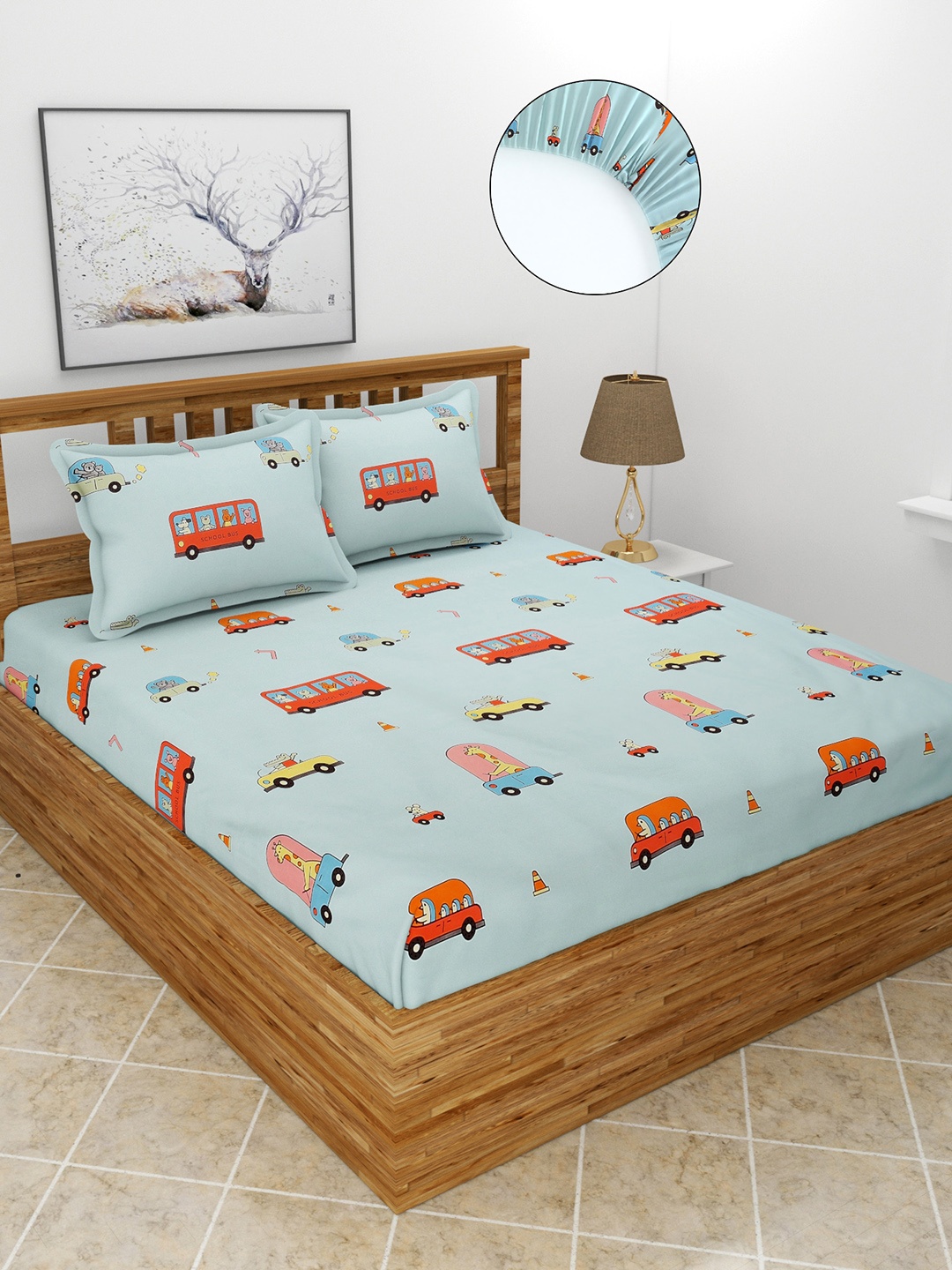 

MORADO Blue & Orange Conversational 180 TC Queen Bedsheet with 2 Pillow Covers