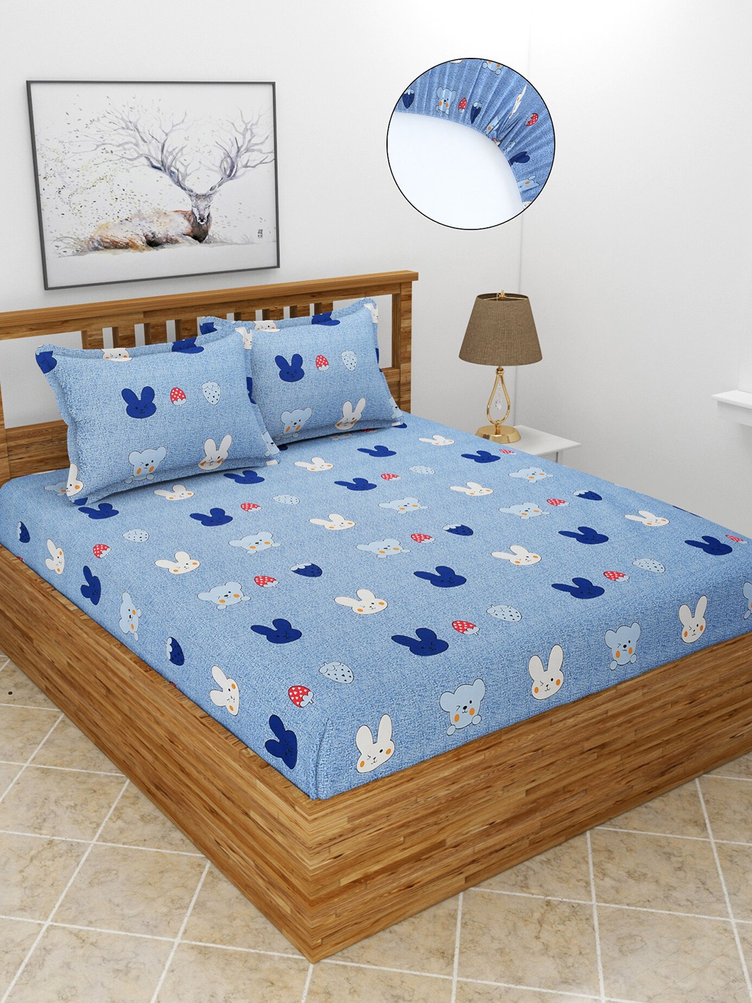MORADO Blue & Red Graphic 210 TC Queen Fitted Bedsheet with 2 Pillow Covers
